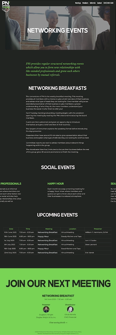 full page view of meeting page of website designed for orange county networking group, pni